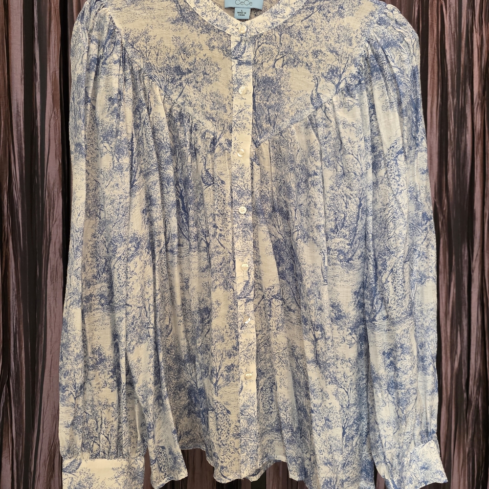 NWT. CeCe Blue and White Toile Button-Down Shirt